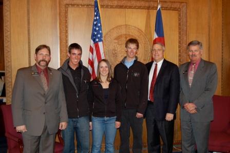 Colorado Gov. Bill Ritter congratulates his state's top telemark skiers in a ceremony at the State Capitol earlier this month. Posing from left to right: Rep. Randy Baumgarter, Ben Paley, Lorin Paley, Drew Hauser, Gov. Ritter, and Sen. Al White.